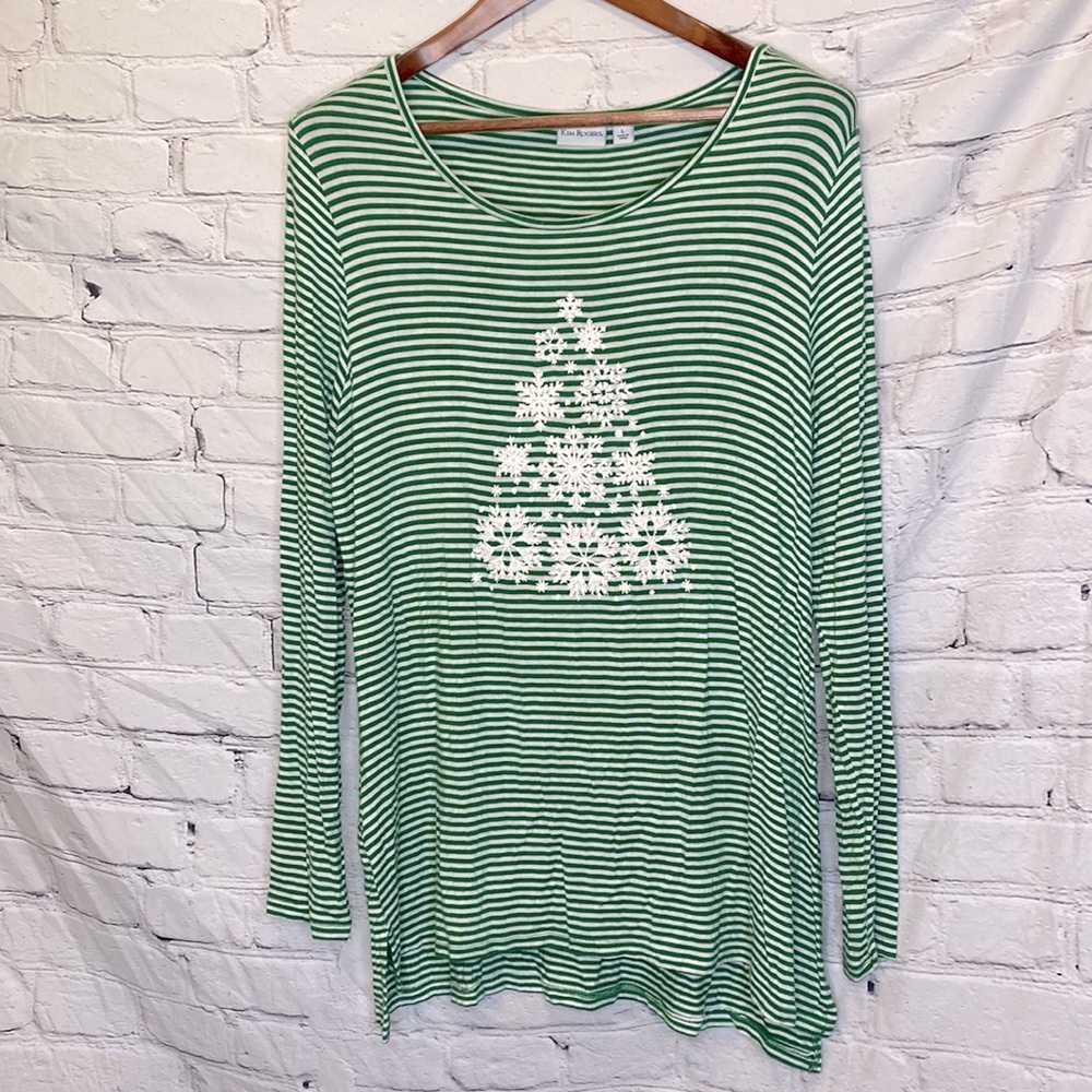 Kim Rogers Green White Snowflake Christmas Tree Long Sleeve Striped Top Large